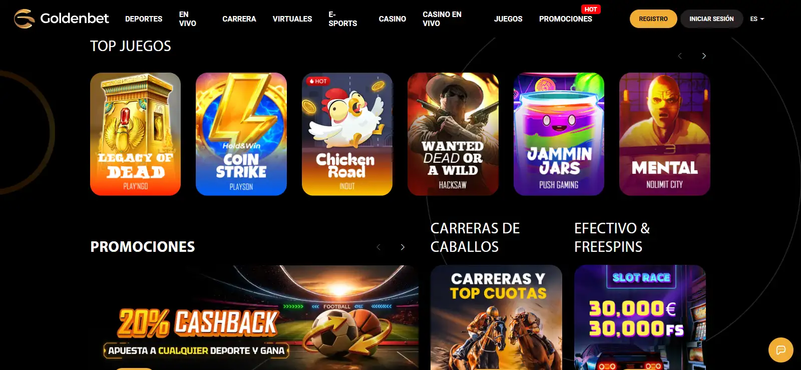 Lobby actual de casino Goldenbet con categorías y tarjetas de juegos