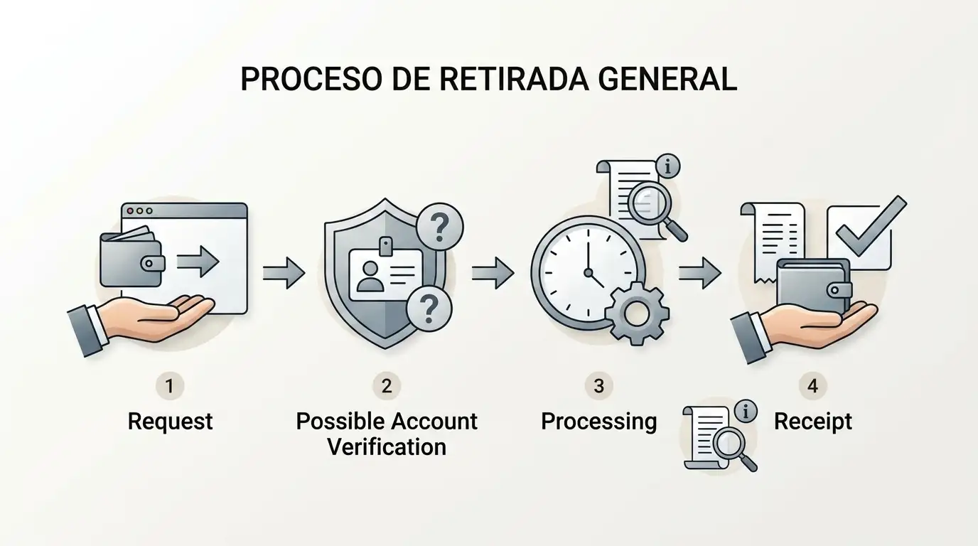 Ilustración editorial del flujo de retirada con solicitud, verificación, procesamiento y recepción