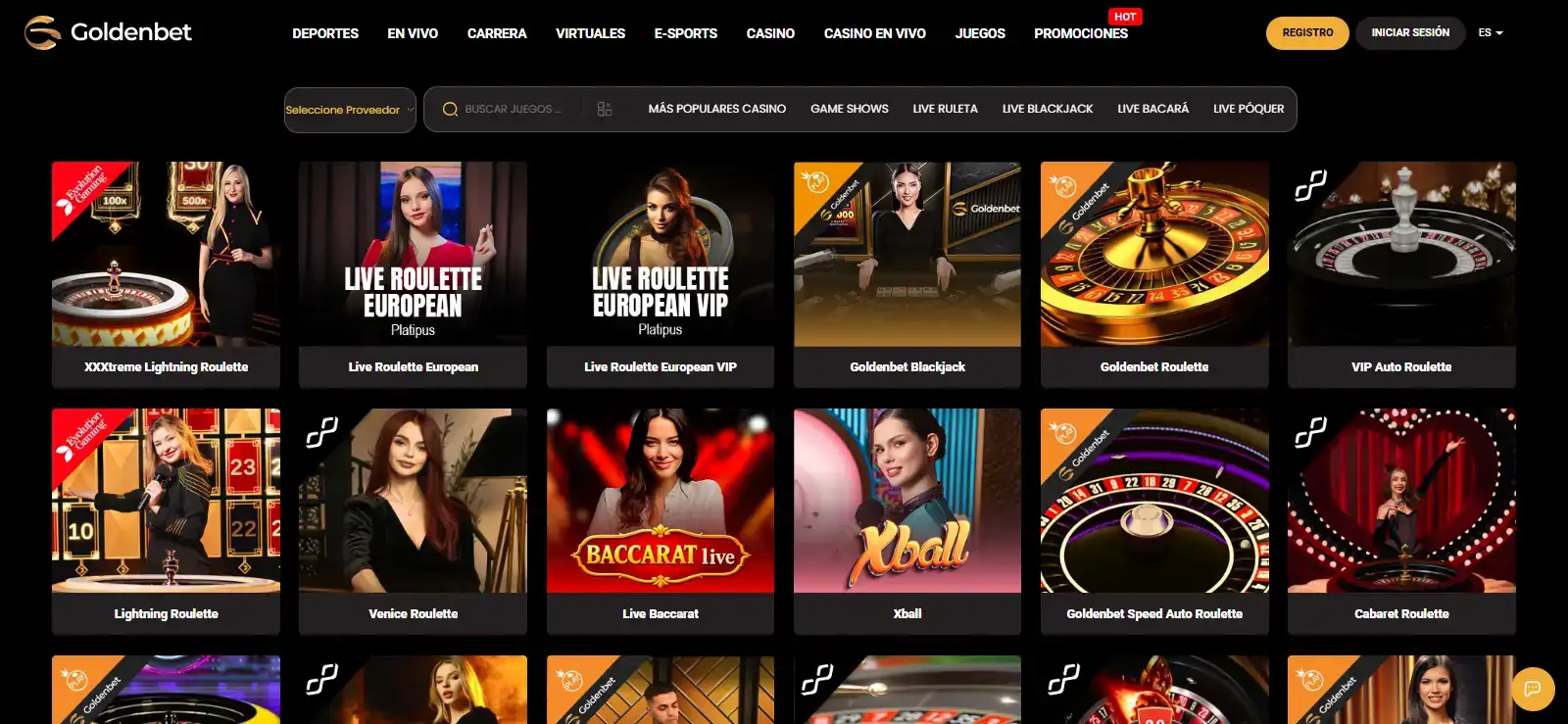 Lobby oficial de casino en vivo de Goldenbet con categorías y proveedores visibles