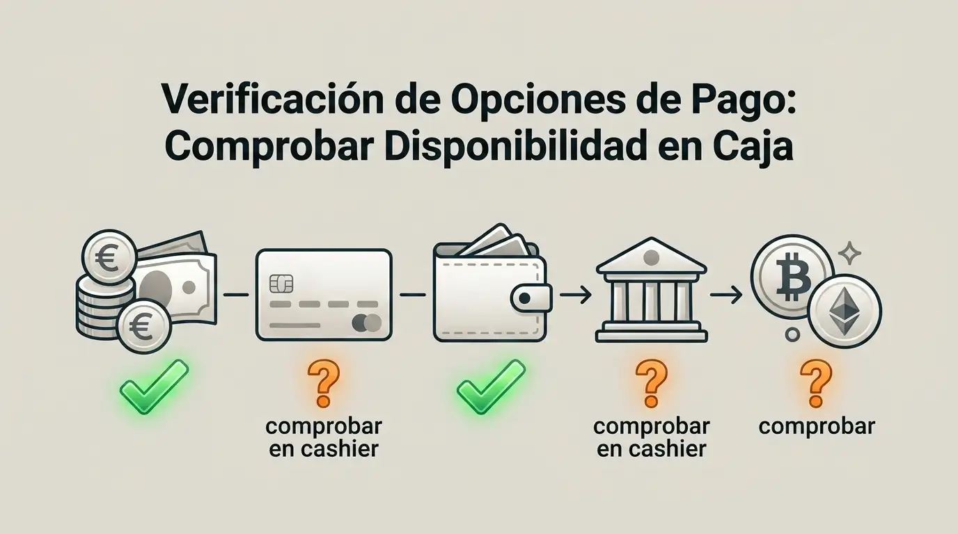 Ilustración editorial de una checklist de pagos en euros con métodos verificados y métodos por comprobar