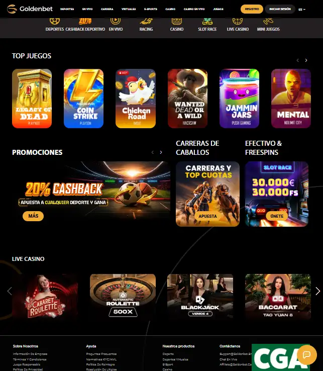 Sitio oficial de Goldenbet abierto en un navegador móvil con navegación responsive