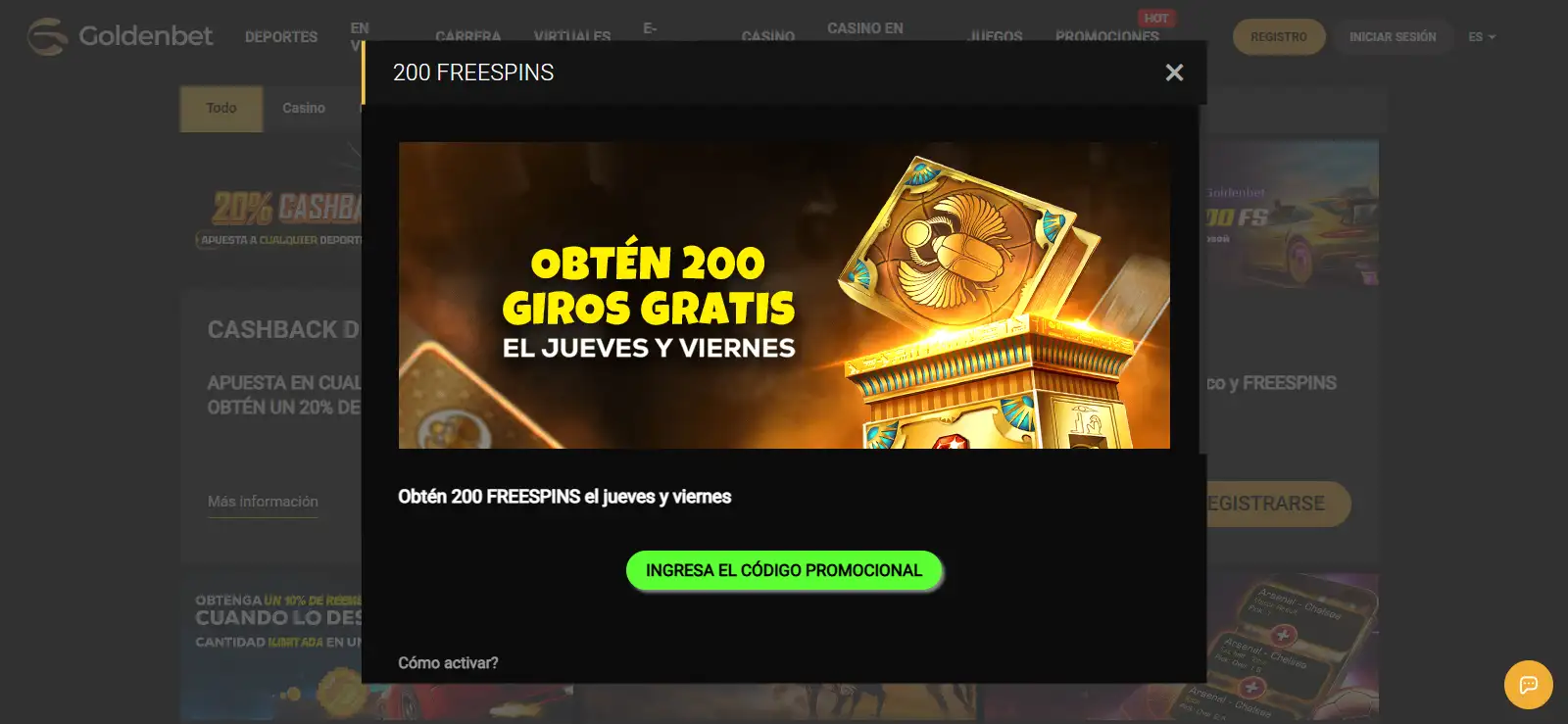 Promoción vigente de Goldenbet con el código GOLDEN y 200 FreeSpins