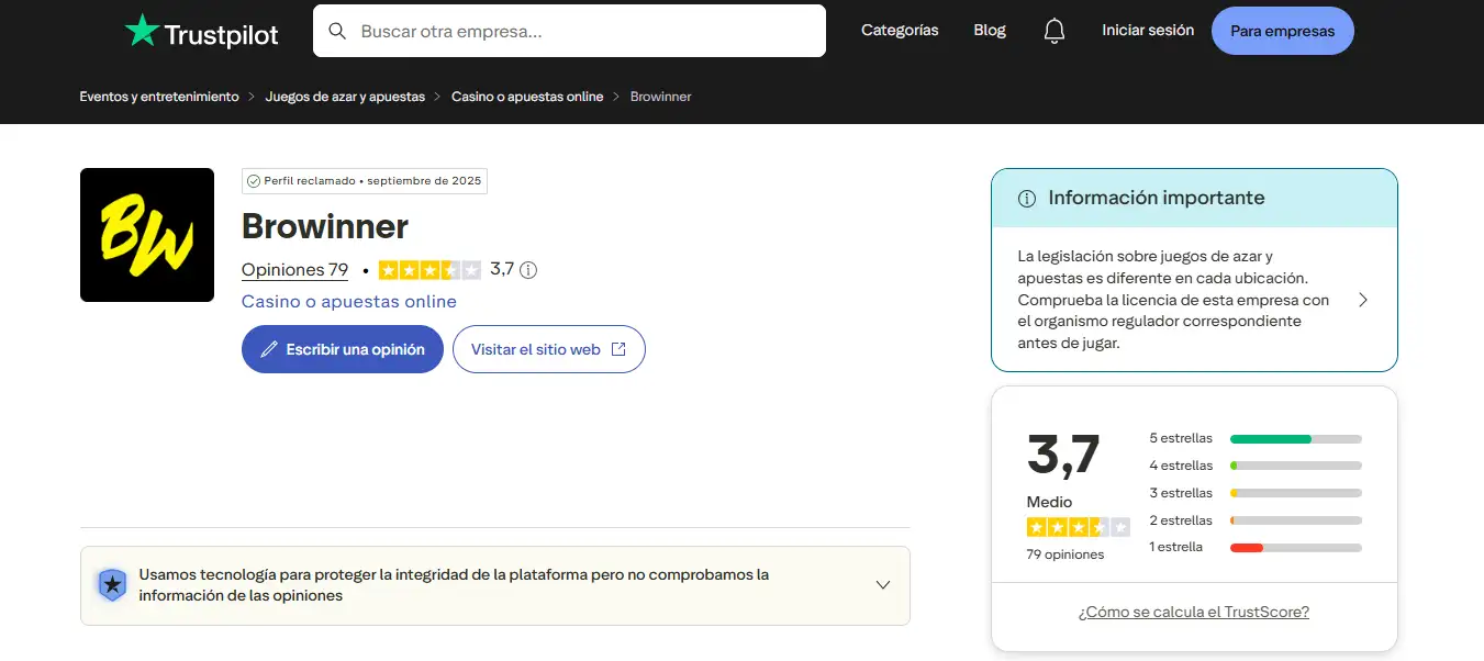 Ficha de Goldenbet.com en Trustpilot España con su estado de valoración