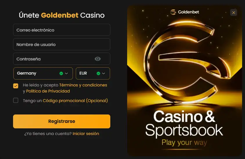 Formulario oficial de registro de Goldenbet sin datos personales introducidos